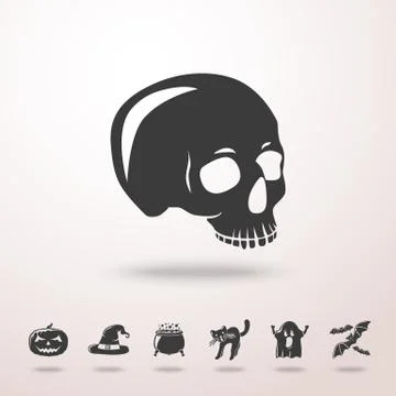 Skull icon with shadow and set of HALLOWEEN icons. Vector Stock Illustration