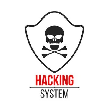 Skull icon with shield on white background. The hacker hacked the system. Cyb Stock Illustration