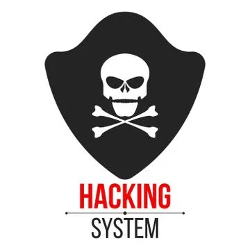 Skull icon with shield on white background. The hacker hacked the system. Cyb Illustrazione stock