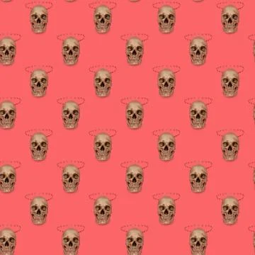 Skull with jaw on a pink seamless pattern. Stock Photos
