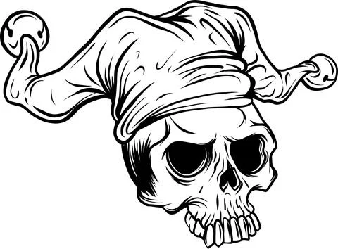 Skull in jester hat. monochrome vector illustration Illustrazione stock