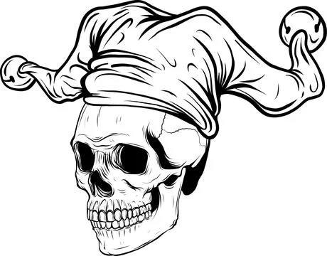 Skull in jester hat. monochrome vector illustration Illustrazione stock