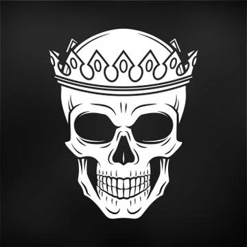 Skull King Crown design element on black background. Vintage Royal t-shirt Stock Illustration