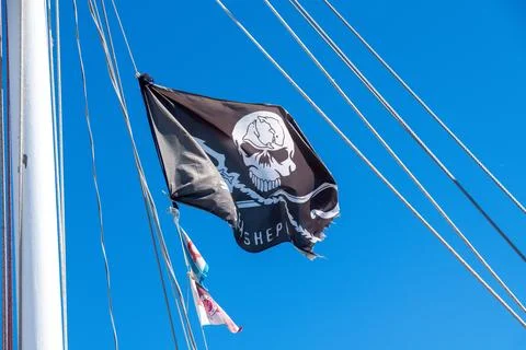 Skull Logo Flag Flying on Rigging Under Blue Sky 스톡 사진