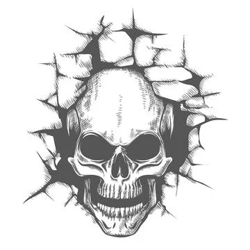 Skull Looking Through a Hole in a Wall Tattoo Stock Illustration