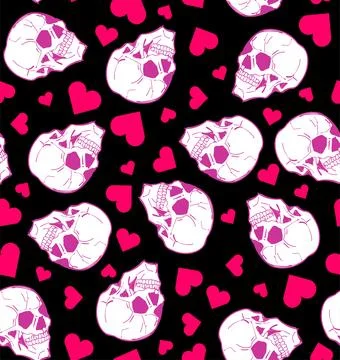 Skull with love pattern seamless. Skeleton head and Heart background 스톡 일러스트
