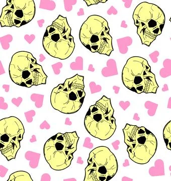 Skull with love pattern seamless. Skeleton head and Heart background Illustrazione stock
