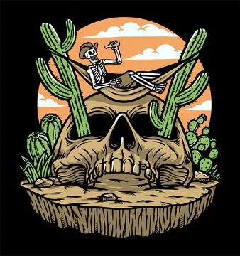 The skull is lying down on the cactus Illustrazione stock