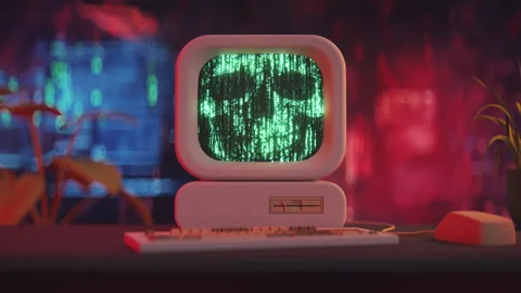 Skull made of binary digital code 3D render animation Stock Footage 253790107