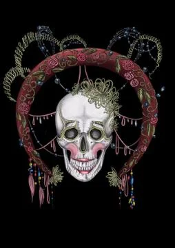 A skull with makeup and red emroidered round frame Stock Illustration