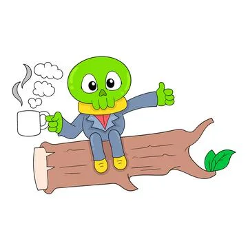 Skull man sitting on a tree trunk drinking hot drink, doodle icon image kawai Illustrazione stock
