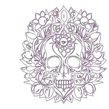 Skull Mandala illustration outline sketch purple Stock Illustration