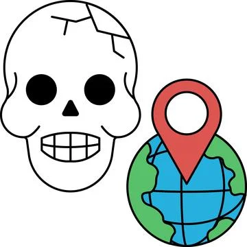 A skull with a map of the world in the background Illustrazione stock