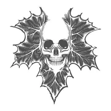 Skull On Maple Leaf Tattoo Stock Illustration