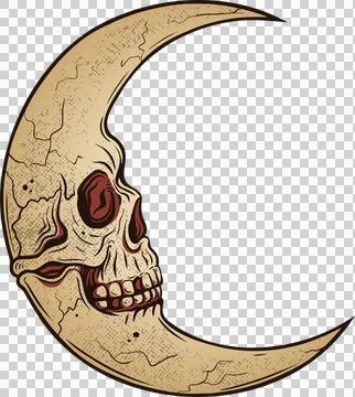 Skull moon is appearing in flat vector, with fine dots, cracks, red cavities on Stock Illustration