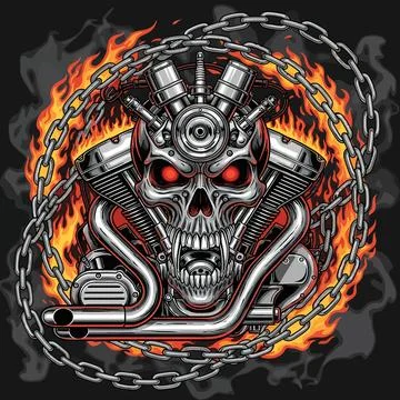 Skull Motorcycle Engine with Chain and Flames Design 스톡 일러스트