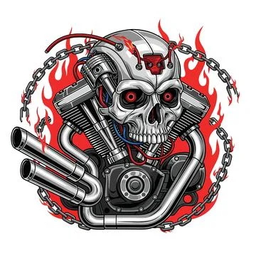 Skull motorcycle engine with flames and pipes front view Illustrazione stock
