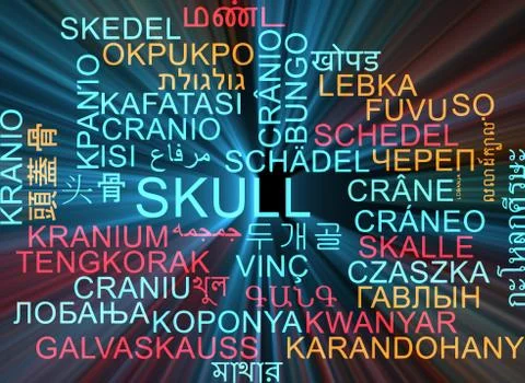 Skull multilanguage wordcloud background concept glowing Stock Illustration