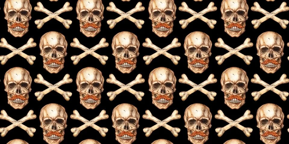 Skull with mustache and bones pattern on black background watercolor Stock Illustration