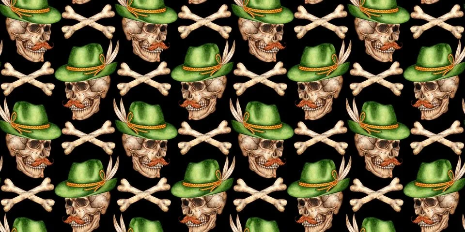 Skull with mustache and hat pattern on black watercolor Illustrazione stock