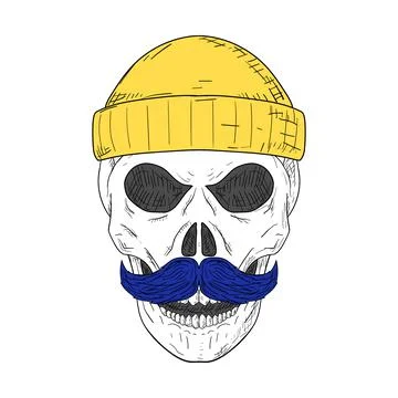 Skull with mustache and a hat. Vector illustration. Isolated. Stock Illustration