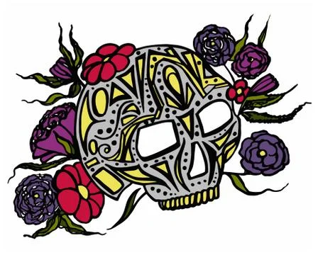 Skull with national geometric patterns and colored flowers. Stock Illustration
