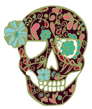 Skull with national patterns and colored flowers. Stock Illustration