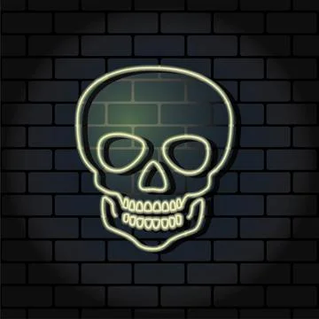 Skull neon on brickwall background. Vector illustration Illustrazione stock