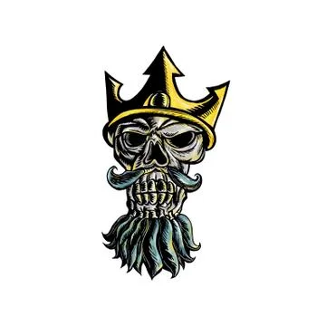 Skull of Neptune Trident Crown Head  Woodcut. Stock Illustration