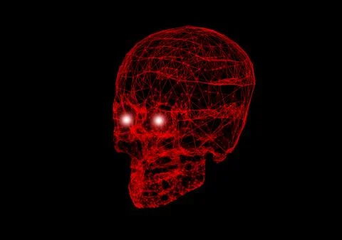 Skull with network connection red lines on black background in Halloween conc Stock Photos