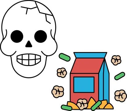 A skull is next to a box of corn flakes Illustrazione stock