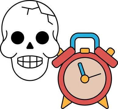 A skull is next to a clock with the hands on the number 3 and 9 Stock Illustration