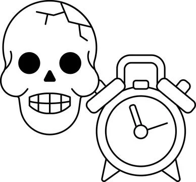 A skull is next to a clock with the hands on the number 3 and 9 Stock Illustration