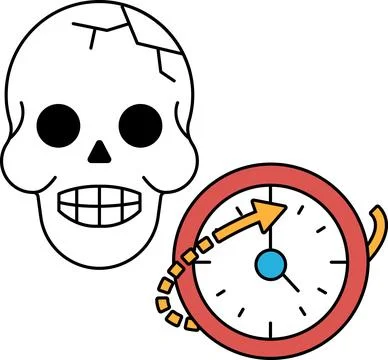 A skull is next to a clock with the hands pointing to the number 12 Stock Illustration