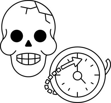 A skull is next to a clock with the hands pointing to the number 12 Stock Illustration