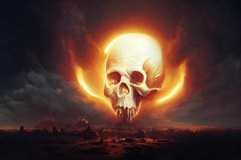 Skull in Nuclear explosion skyline Stock Illustration