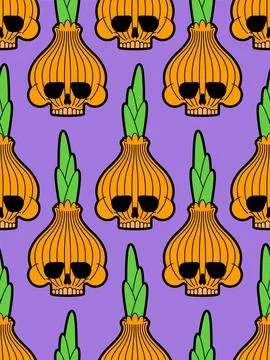 Skull onion pattern seamless. Bulb onions skeleton background. vector texture Illustrazione stock
