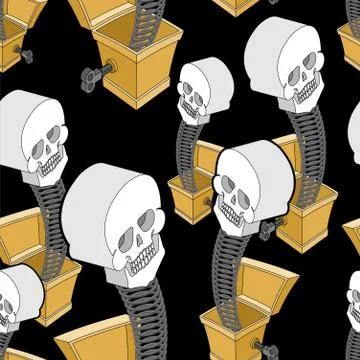Skull out of prank box pattern seamless. Funny prize skeleton background. Toy Stock Illustration