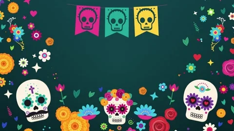 Skull papel picado flags over a flower crown sugar skull and a garden of roses Vídeos de archivo 348259679