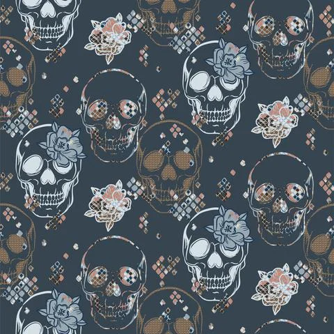 Skull pattern with flowers and snake skin texture. Seamless floral boho Illustrazione stock