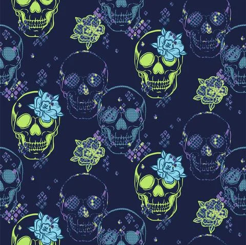 Skull pattern with flowers and snake skin texture. Seamless floral boho Stock Illustration