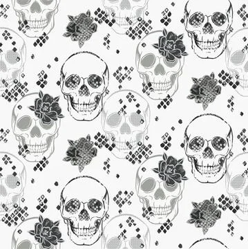 Skull pattern with flowers neutral colors texture. Seamless floral boho Stock Illustration