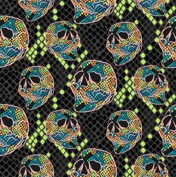 Skull pattern with snake skin texture. Seamless neon dark grunge boho background Stock Illustration
