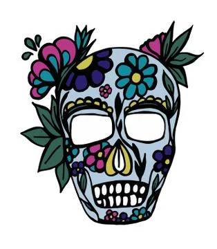 Skull with patterns of flowers colored. Stock Illustration