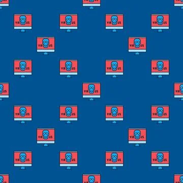 Skull on PC Screen vector Computer with Virus colored seamless pattern Stock Illustration