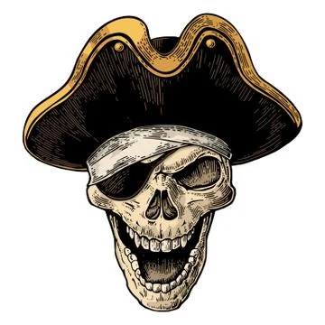 Skull in pirate clothes eye patch and hat smiling. Black vintage engraving .. Stock-Illustration