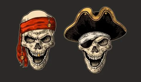 Skull in pirate with clothes eye patch, captain hat, bandana. Vintage engravi Stock Illustration