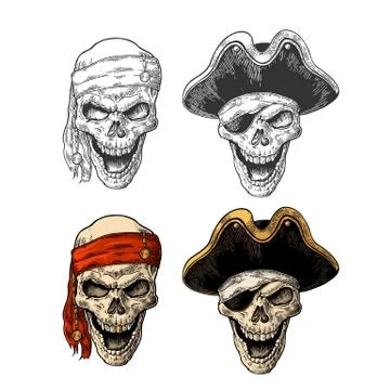 Skull in pirate with clothes eye patch, captainhat, bandana. Vintage engravin Stock Illustration