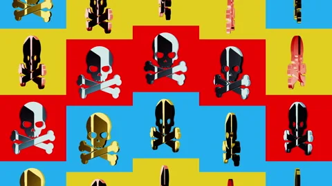 Skull pirates and cyberattack multiple 3d golden symbols Stock Footage 304654993