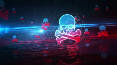 Skull pirates and cyberattack symbol looped tunnel animation Stock Footage 304457279